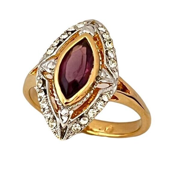 Vintage Ring Size 4 Purple Austrian Crystal 18K Gold Plate Mid-Century MCM 14F - Picture 16 of 16